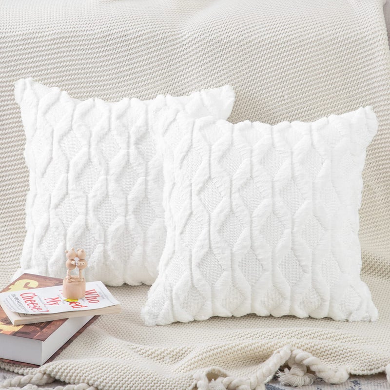 MADIZZ Set of 2 Soft Polyester Short Wool Velvet Decorative Throw Pillow Covers 22x22 inch White Square Luxury Style Cushion Cases Pillow Shell for Sofa Bedroom - Image 5